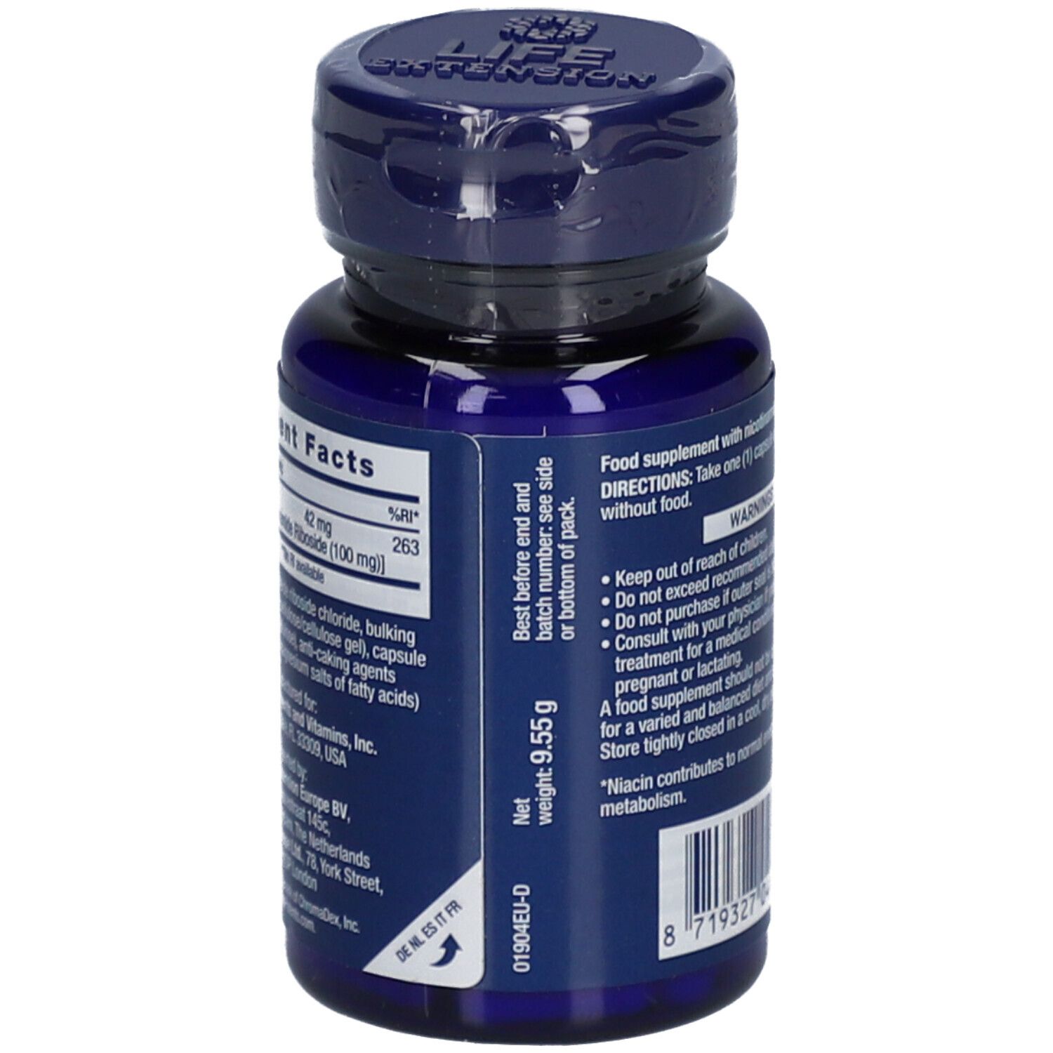 Vista laterale del flacone Life Extension NAD+ Cell Formula 100 mg con informazioni nutrizionali.