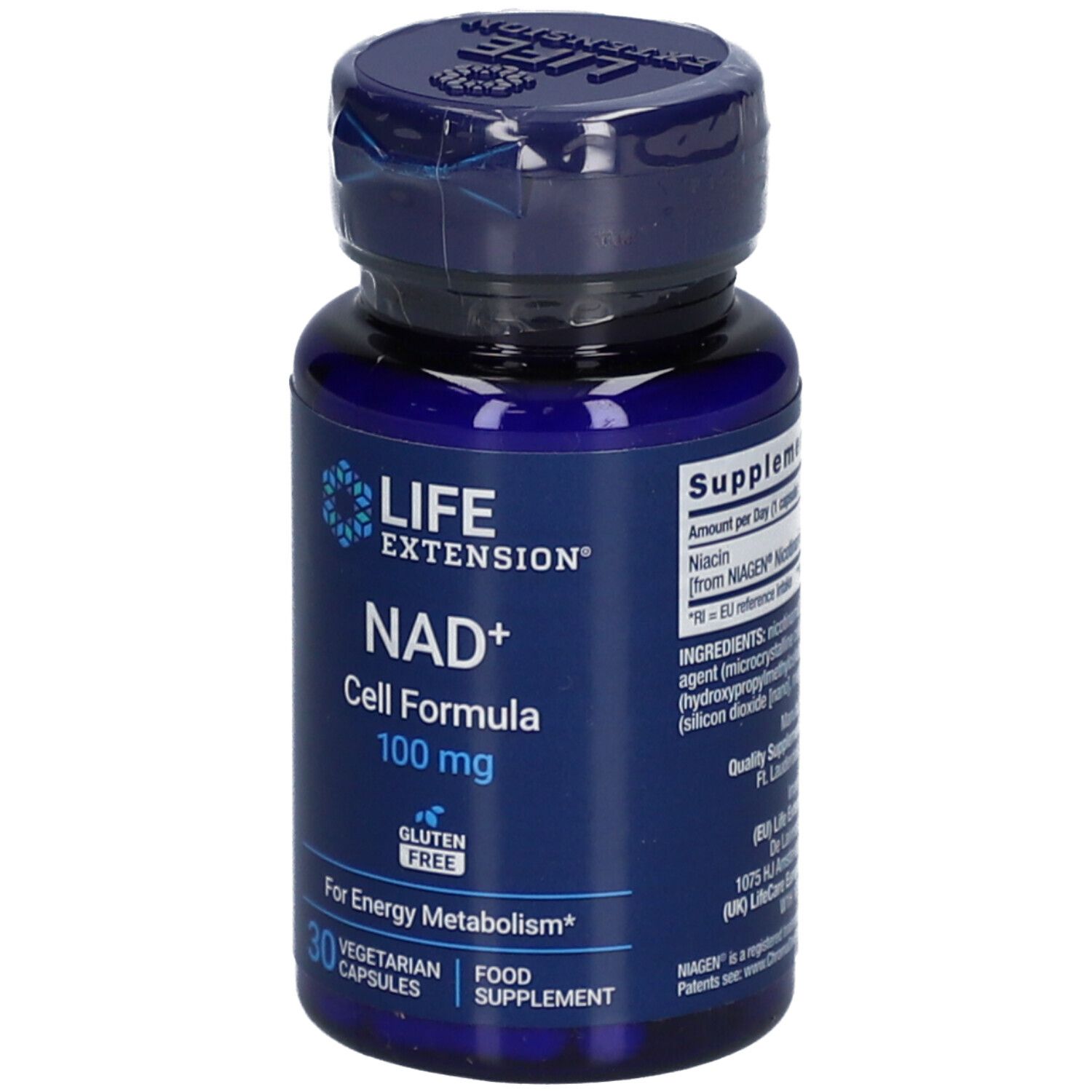 Flacone Life Extension NAD+ Cell Formula 100 mg con ingredienti dettagliati e informazioni sul produttore.