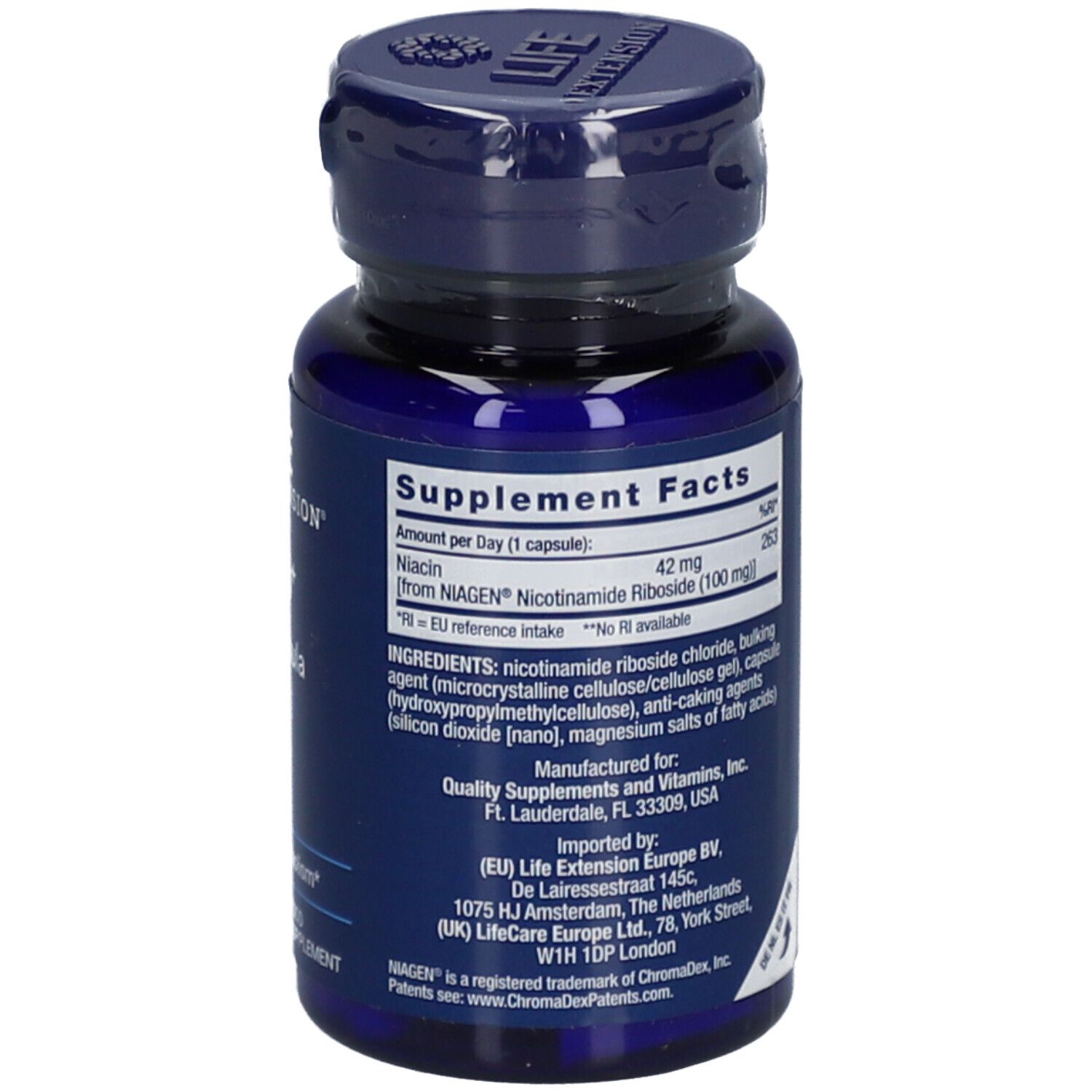 Life Extension NAD+ Cell Formula 100 mg capsule in flacone blu scuro.