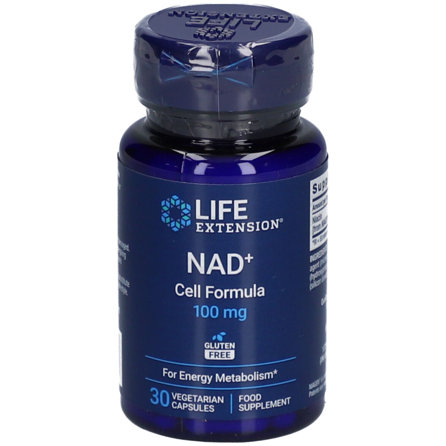 Life Extension NAD+ Cell Formula 100 mg capsule in flacone blu scuro.