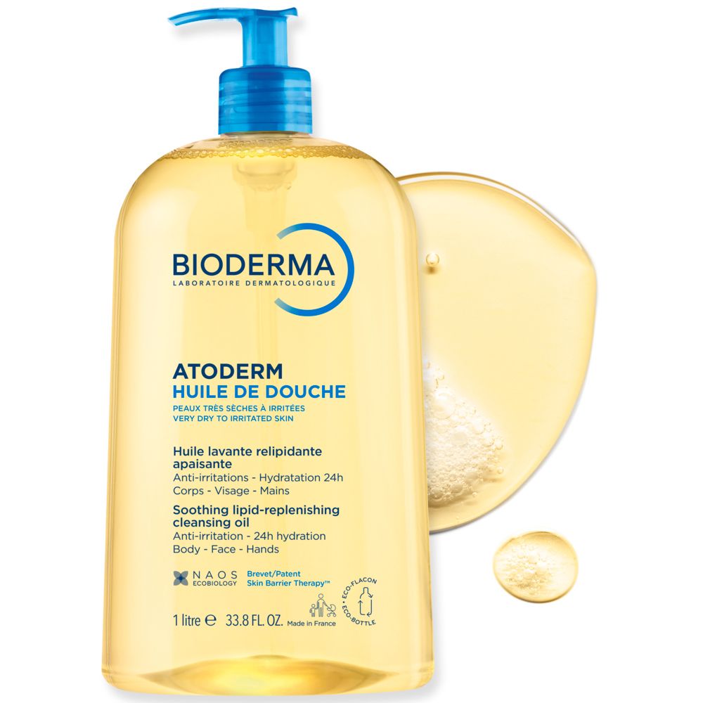 Retro del flacone BIODERMA Atoderm Huile de douche. Testo multilingue. Codice QR e informazioni sulla produzione.