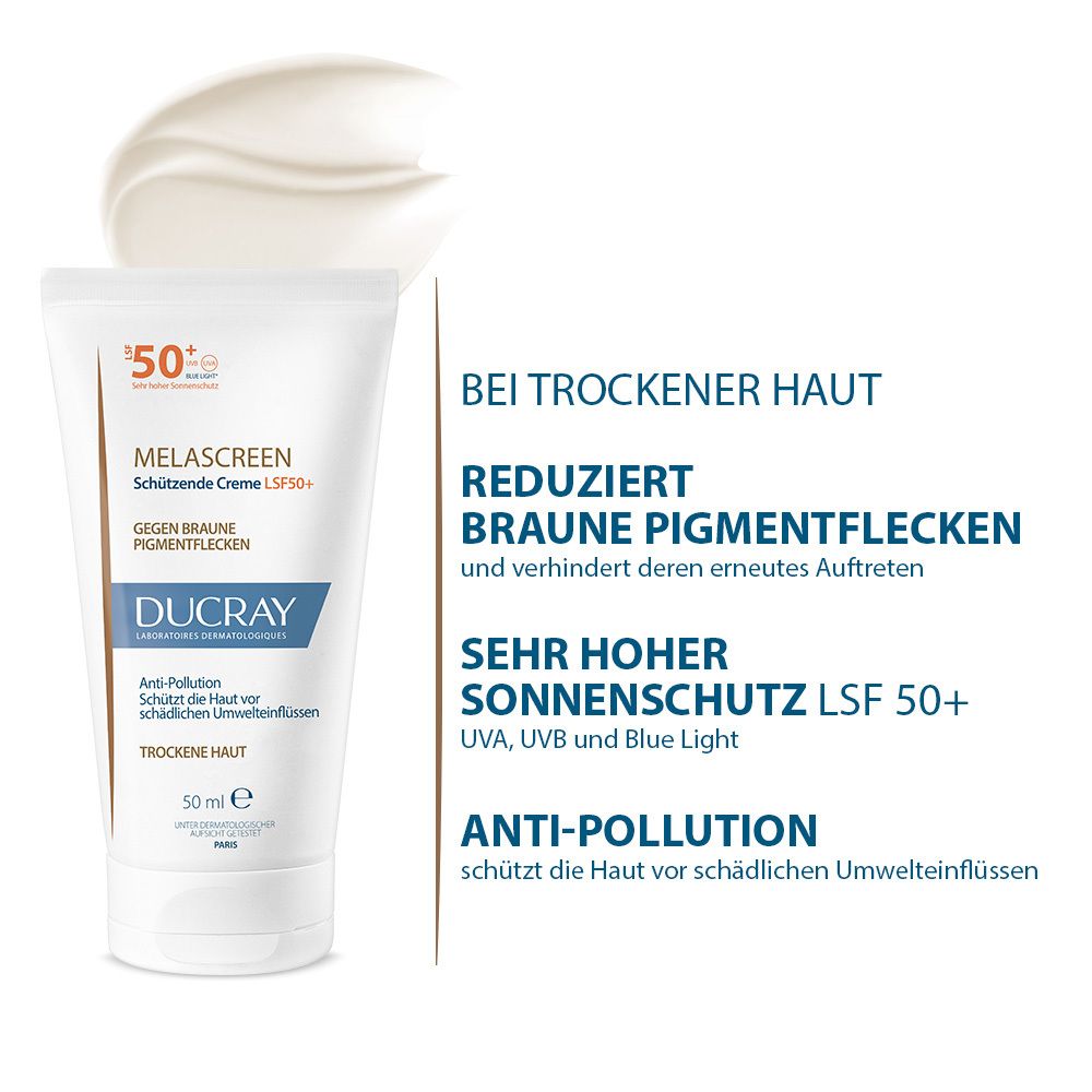 Tubo con texture crema. Testo: Riduce le macchie scure, protezione solare molto alta SPF 50+, anti-inquinamento.