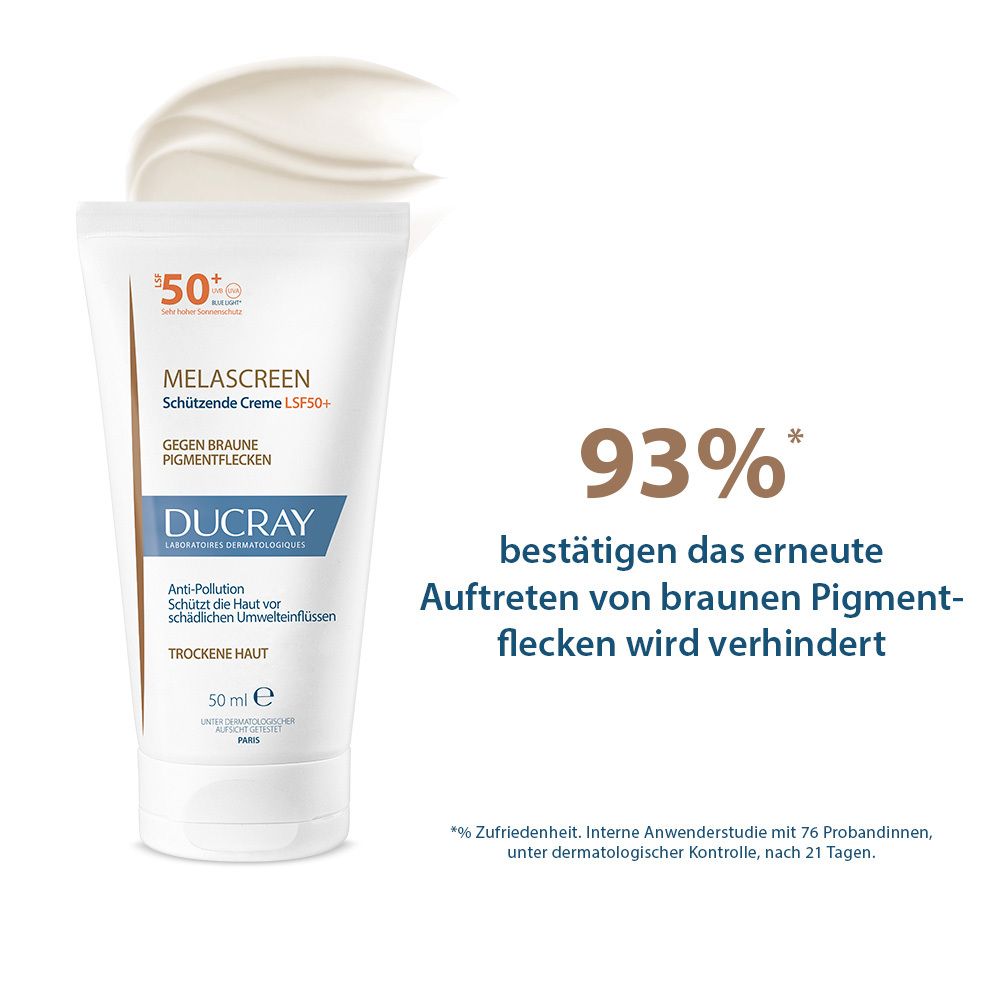 Tubo con texture crema. Testo: Il 93% conferma la prevenzione della ricomparsa delle macchie scure.