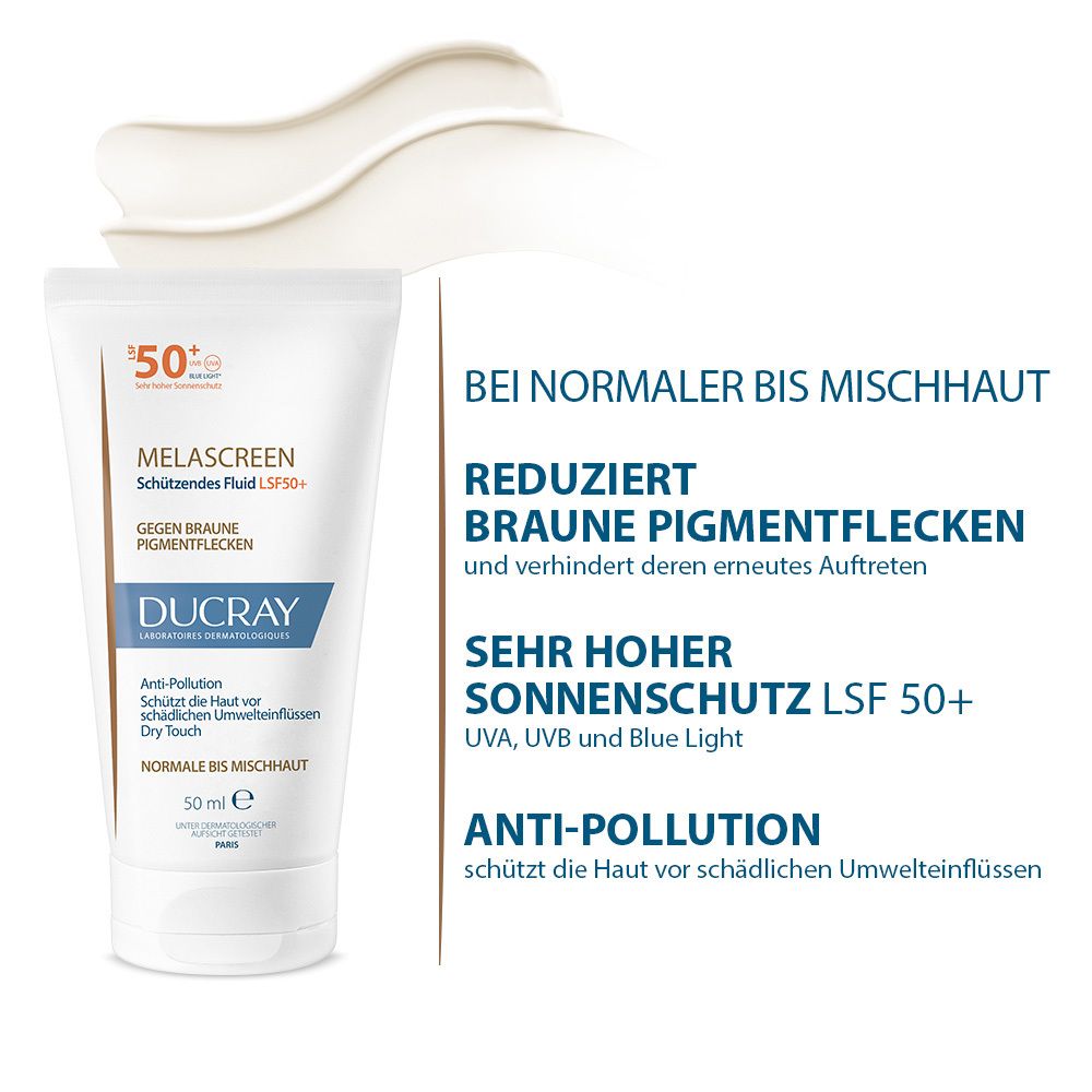 Prodotto e testo: Riduce le macchie scure, protezione solare molto alta SPF 50+, anti-inquinamento. Per pelli normali e miste.