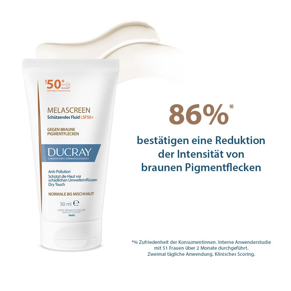 Prodotto e testo: L'86% conferma la riduzione delle macchie scure. Prodotto e tubo con SPF50+.