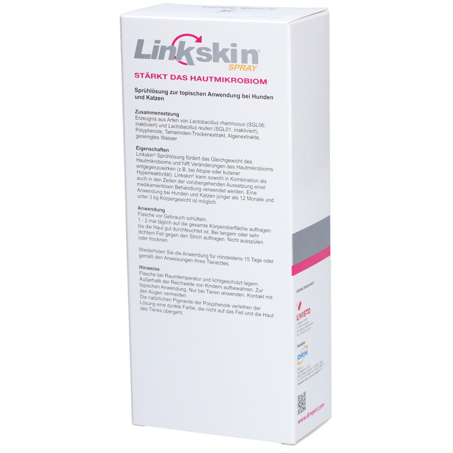 Confezione bianca Linkskin Spray. Testo: Rafforza il microbioma cutaneo. Istruzioni per cani e gatti.
