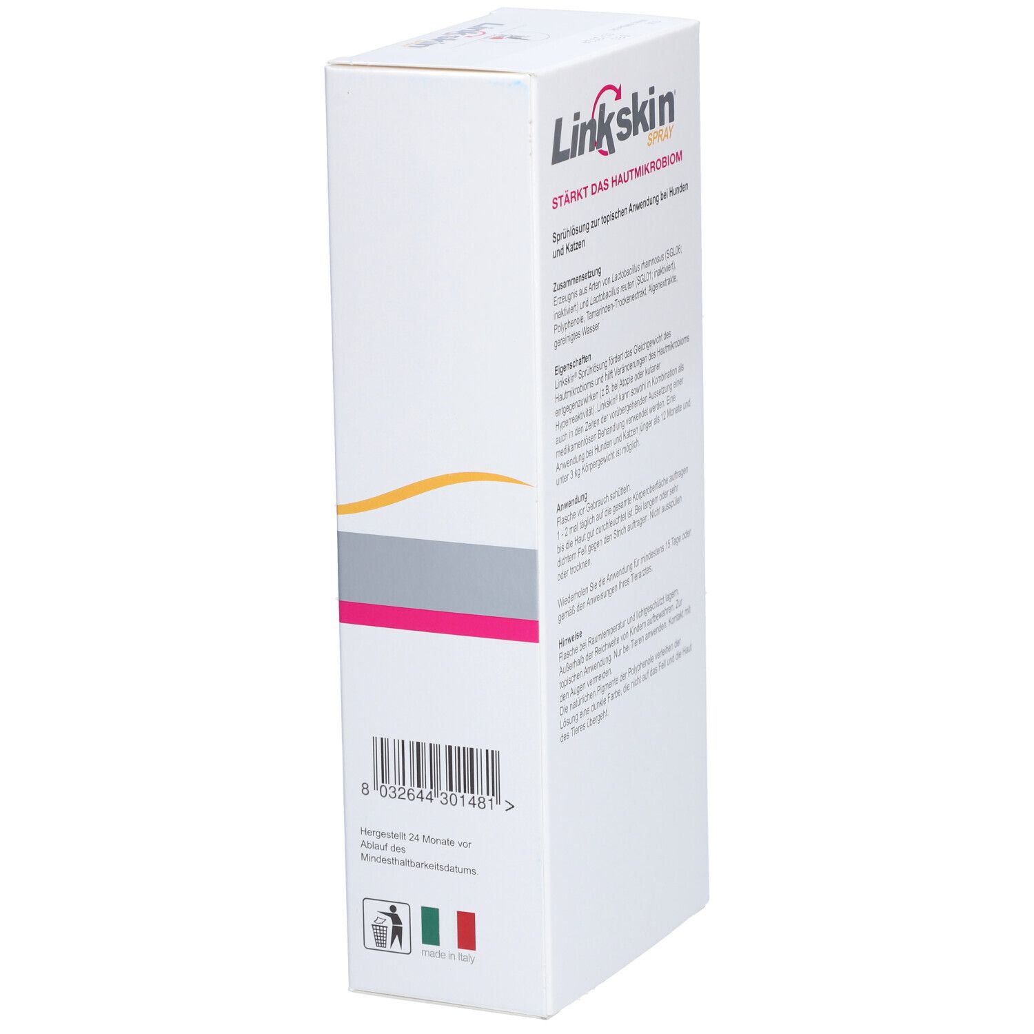 Confezione bianca Linkskin Spray. Testo: Rafforza il microbioma cutaneo. Codice a barre e informazioni produttore.