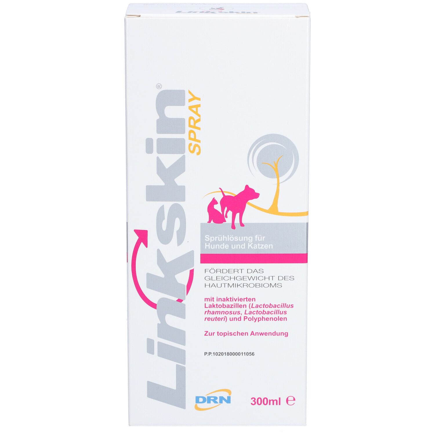 Scatola bianca Linkskin Spray. Testo: Soluzione per cani e gatti. Illustrazione: cane e gatto. 300ml.