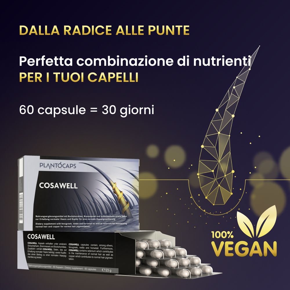 Confezione COSAWELL® con raffigurazione di radici di capelli e testo 'Integratore alimentare'.