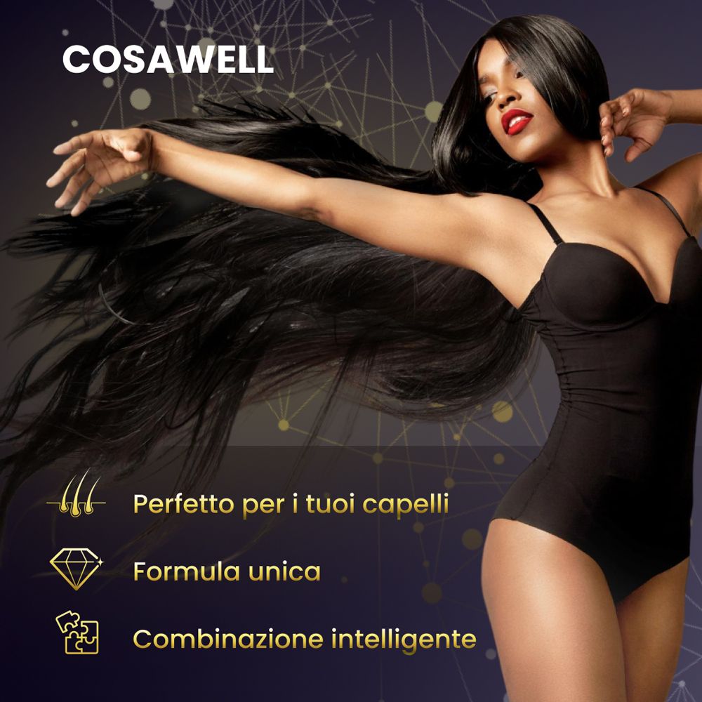 Confezione COSAWELL® con raffigurazione di radici di capelli e testo 'Integratore alimentare'.