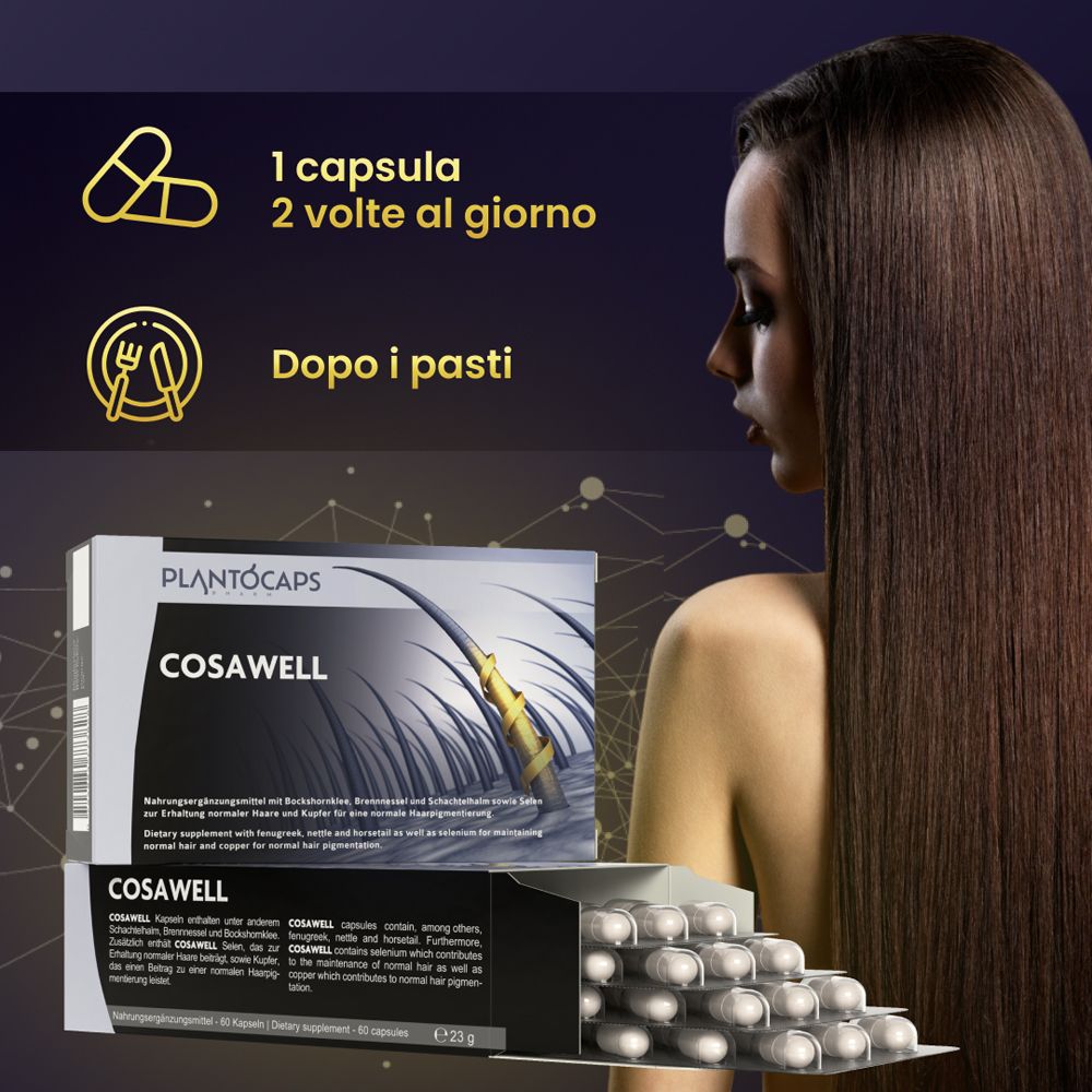 Confezione COSAWELL® con raffigurazione di radici di capelli e testo 'Integratore alimentare'.
