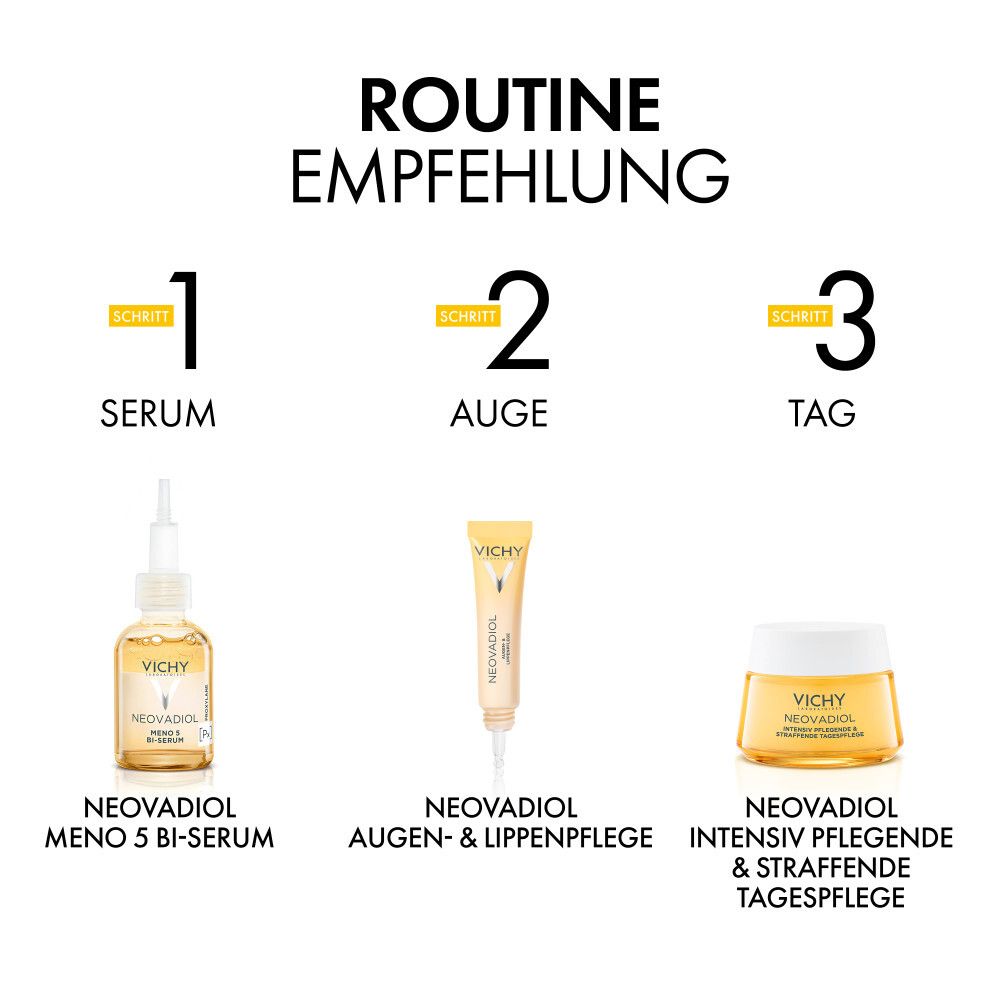 Raccomandazione di routine: Siero, contorno occhi, trattamento giorno. Prodotti Vichy Neovadiol.