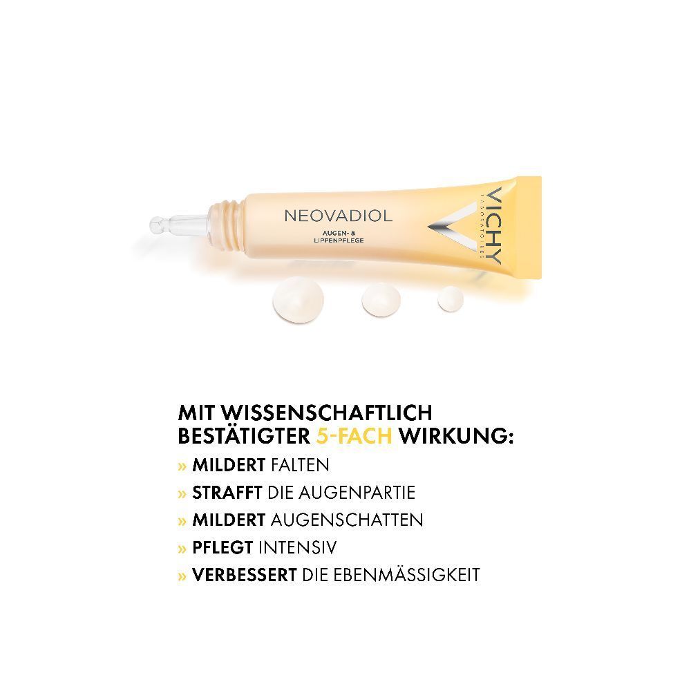 Vichy Neovadiol Occhi & Labbra. Testo: Attenua le rughe, rassoda, attenua le occhiaie.