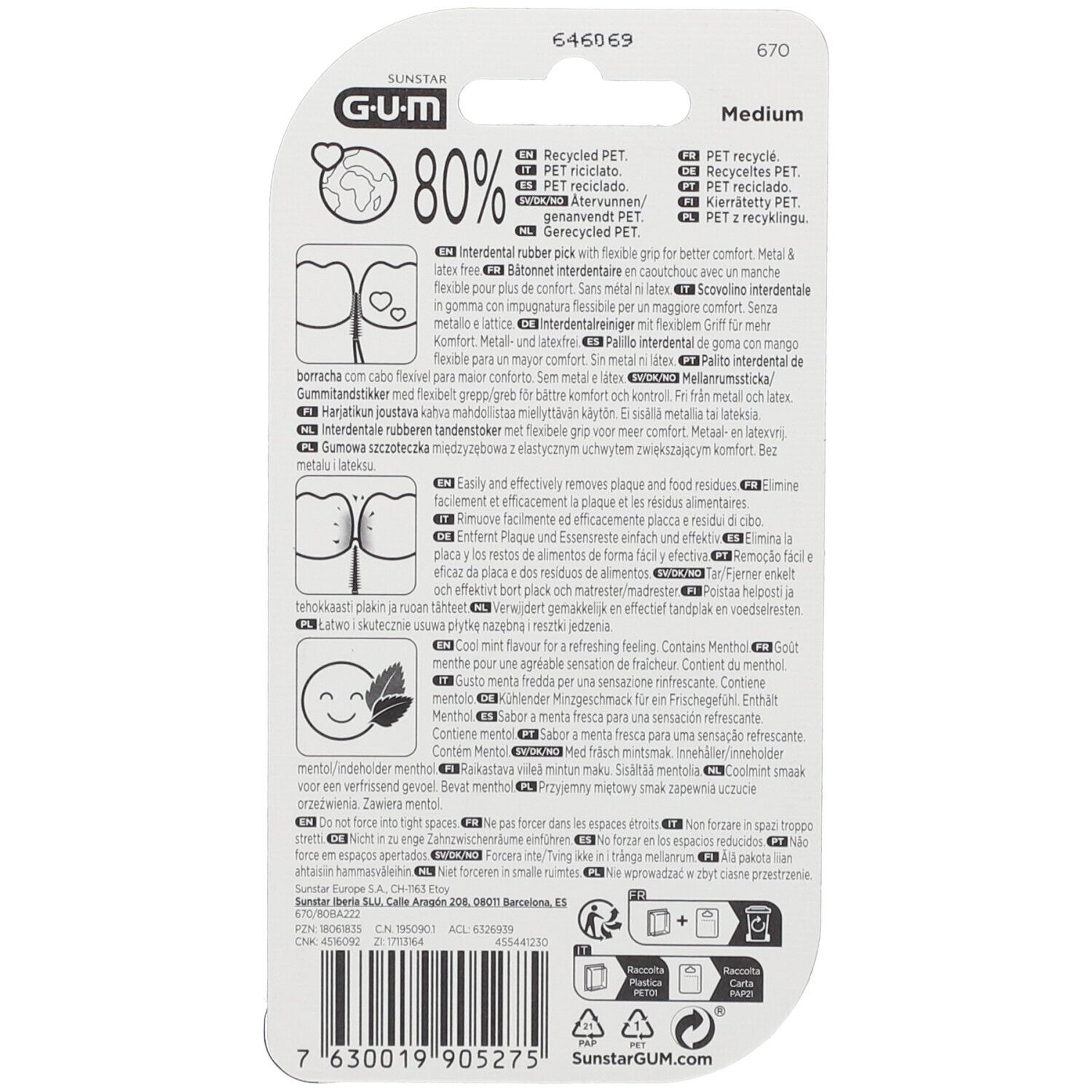 Retro della confezione con informazioni sul prodotto. Testo multilingue, logo, informazioni sul riciclaggio e codice a barre.