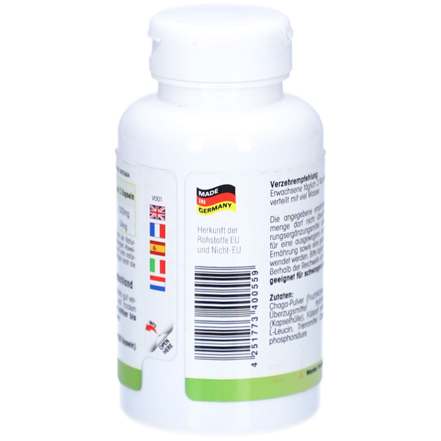 Retro del flacone bianco con informazioni. Prodotto in Germania. Codice a barre e bandiere dei paesi UE ed extra UE.