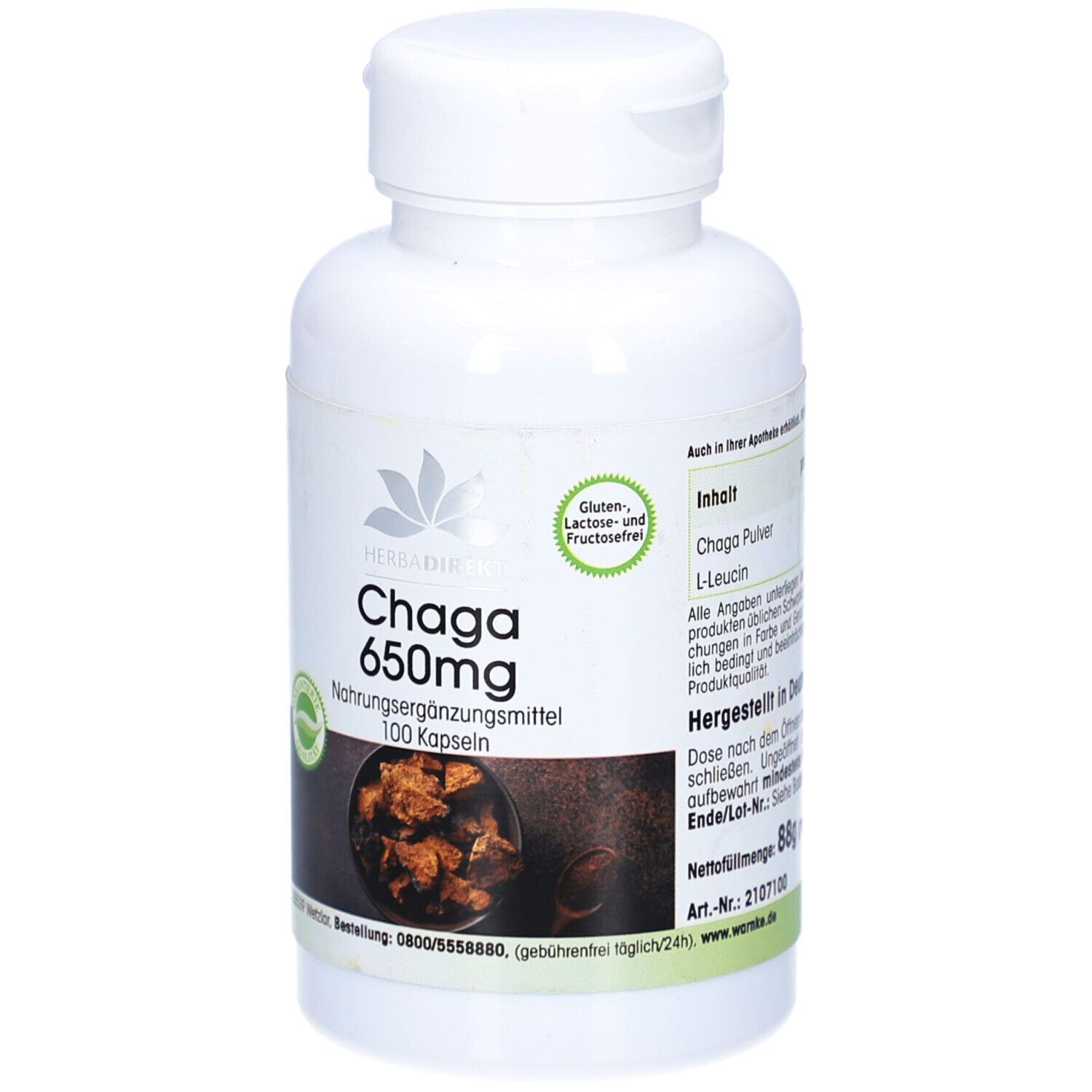 Flacone bianco con capsule Chaga 650mg. Scritta: 100 capsule. Senza glutine, lattosio e fruttosio.