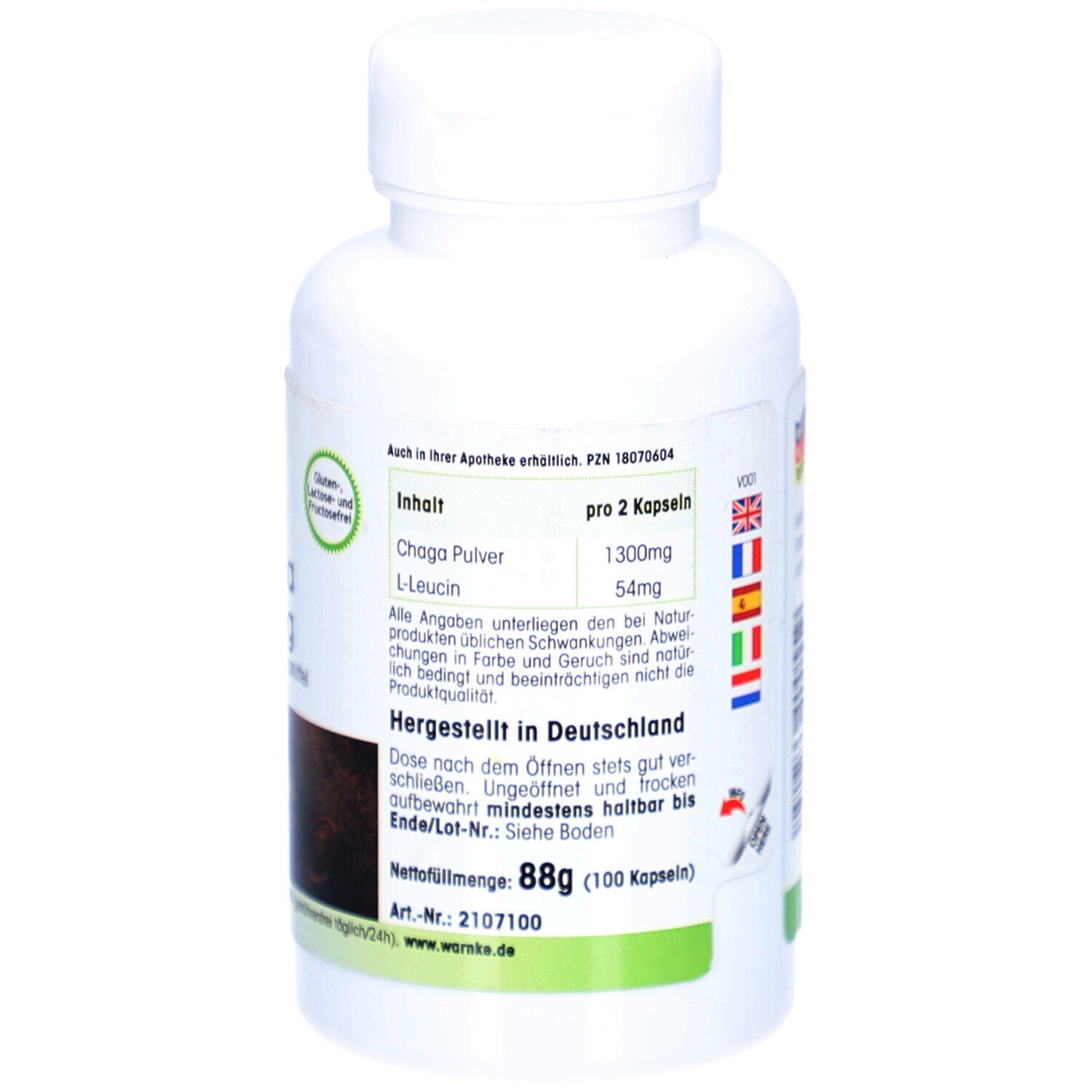 Retro del flacone bianco con informazioni. Prodotto in Germania. Contenuto: 88g (100 capsule).