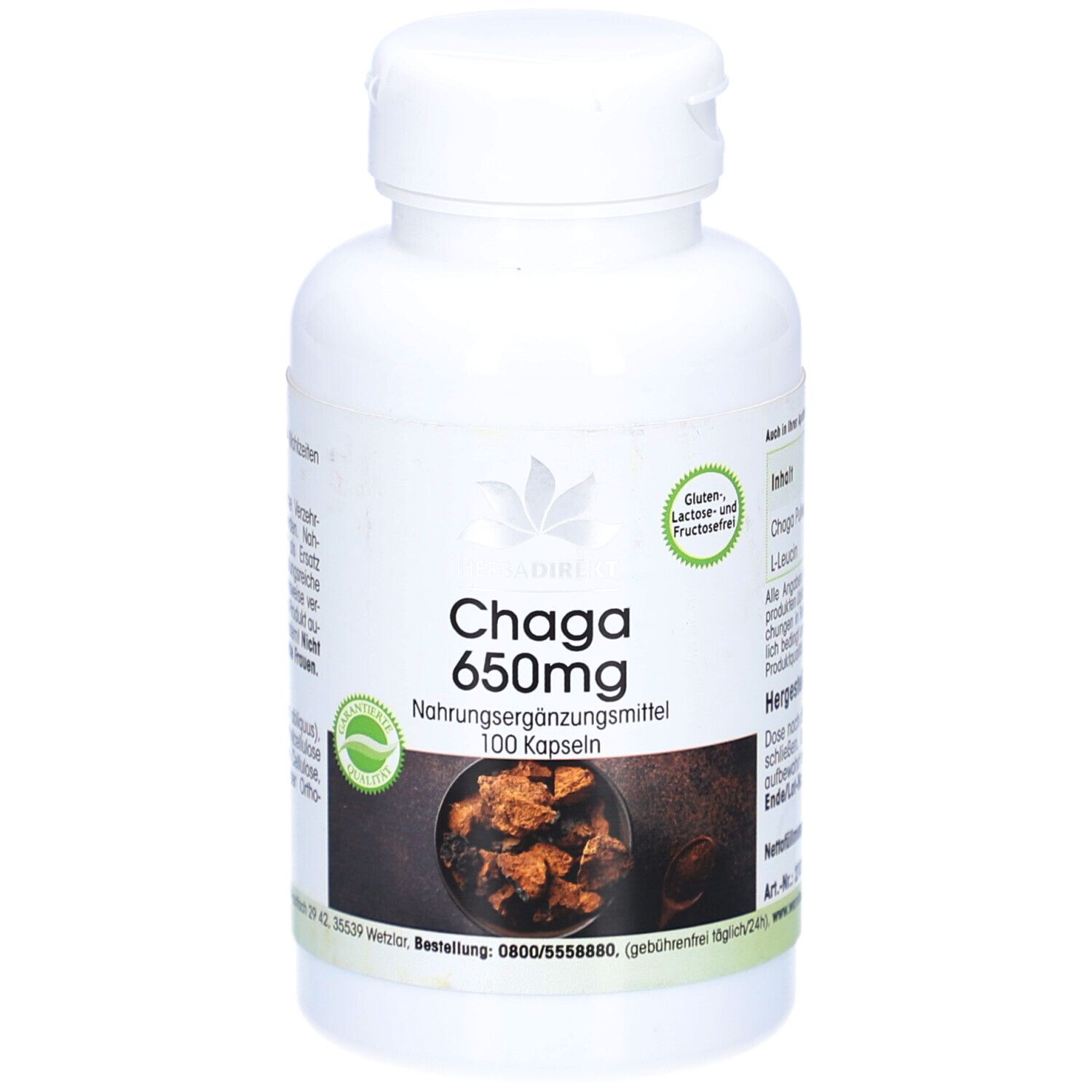 Flacone bianco con capsule Chaga 650mg. Scritta: 100 capsule. Senza glutine, lattosio e fruttosio.