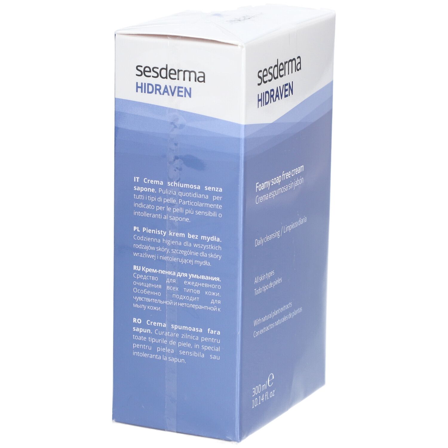 Scatola Sesderma Hidraven. Testo multilingue. 300 ml. Colore blu e bianco.