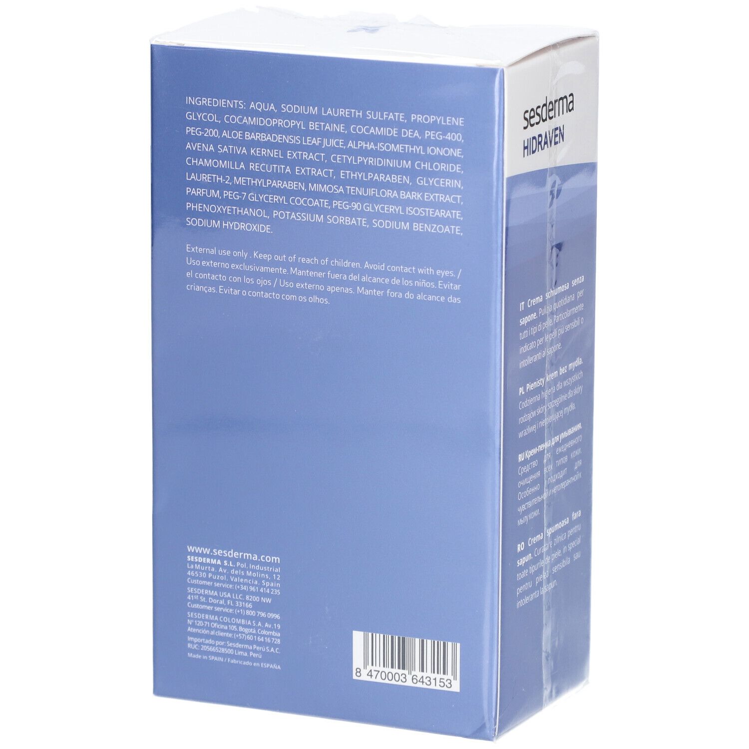 Retro della scatola Sesderma Hidraven. Ingredienti e contatti. Colore blu e bianco.
