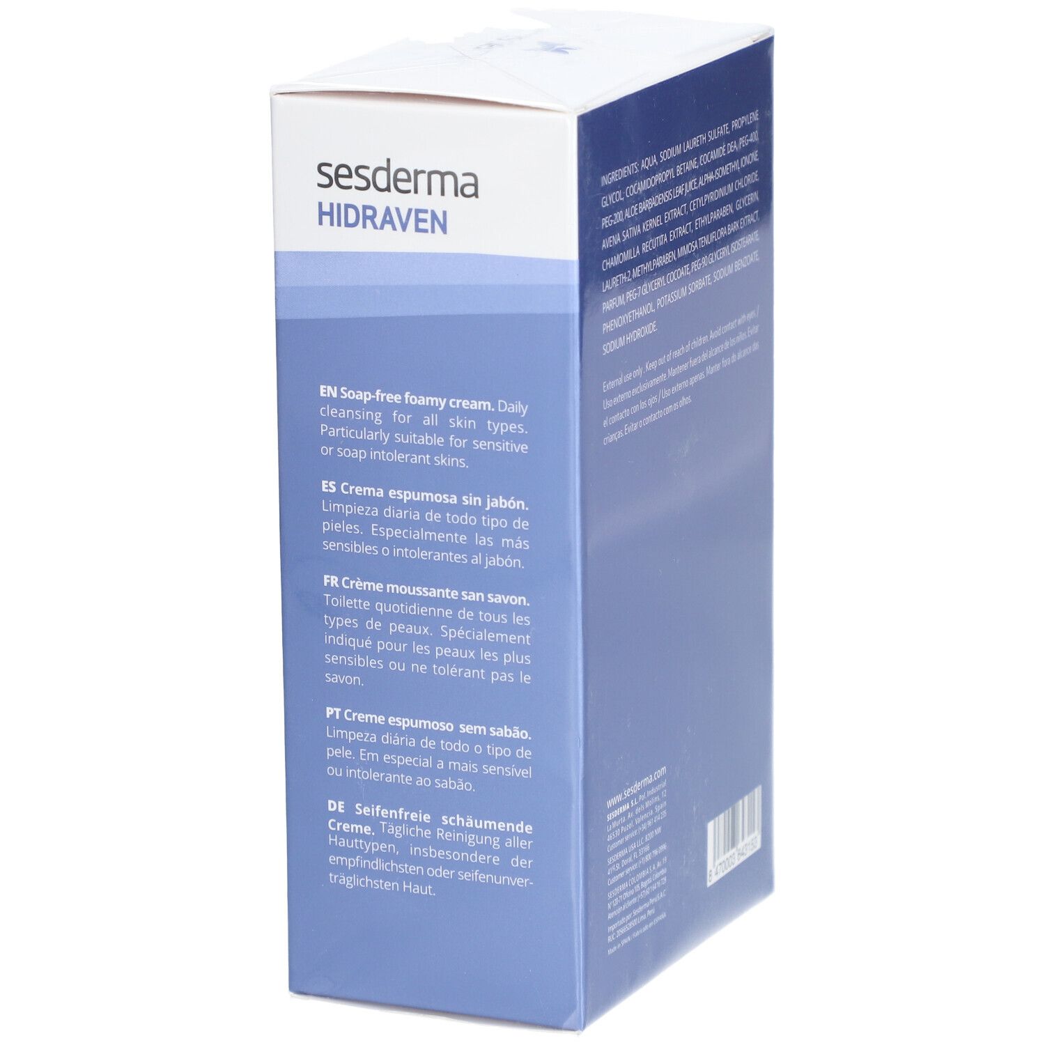 Lato della scatola Sesderma Hidraven. Testo multilingue. Colore blu e bianco.