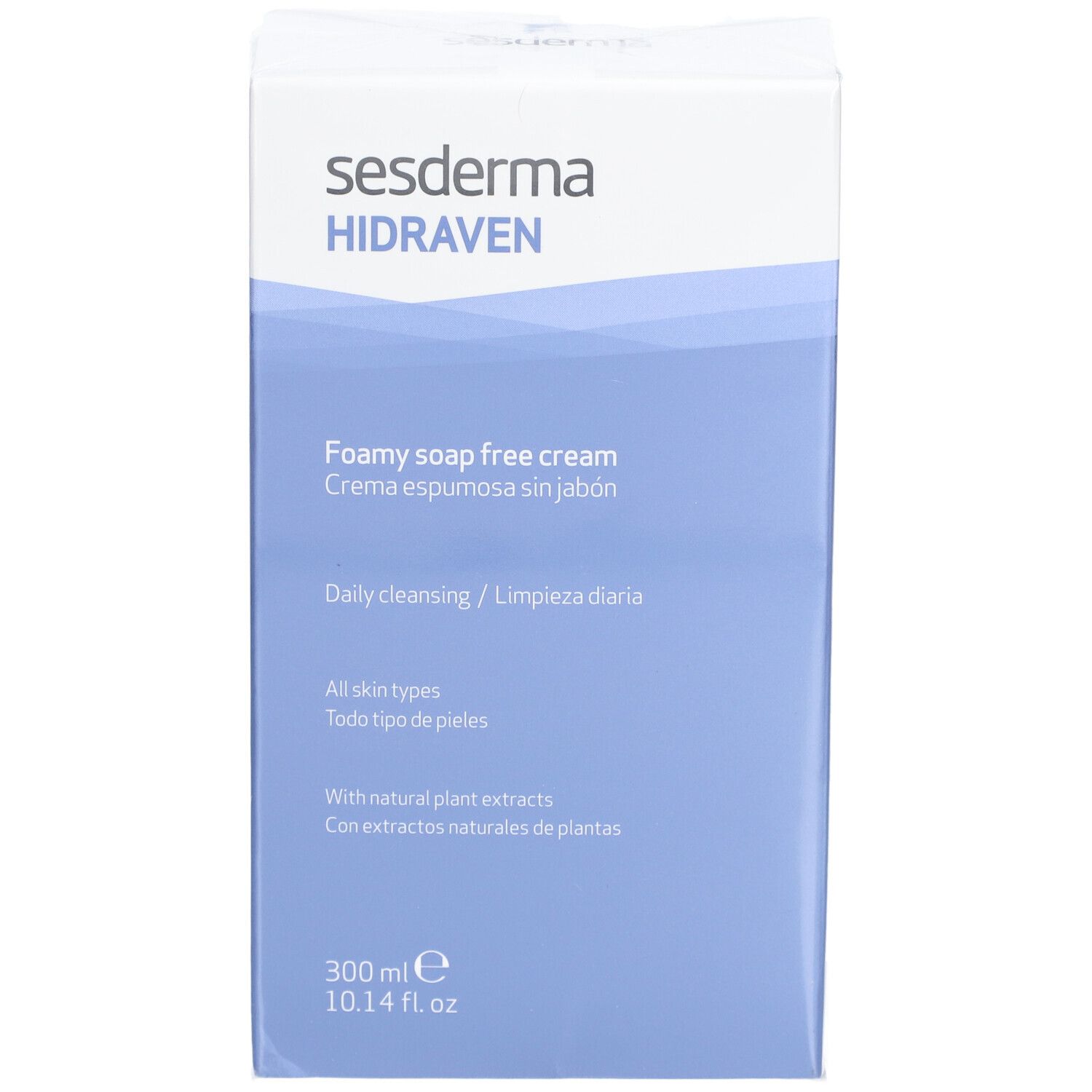 Scatola Sesderma Hidraven, crema senza sapone. 300 ml. Colore blu e bianco.