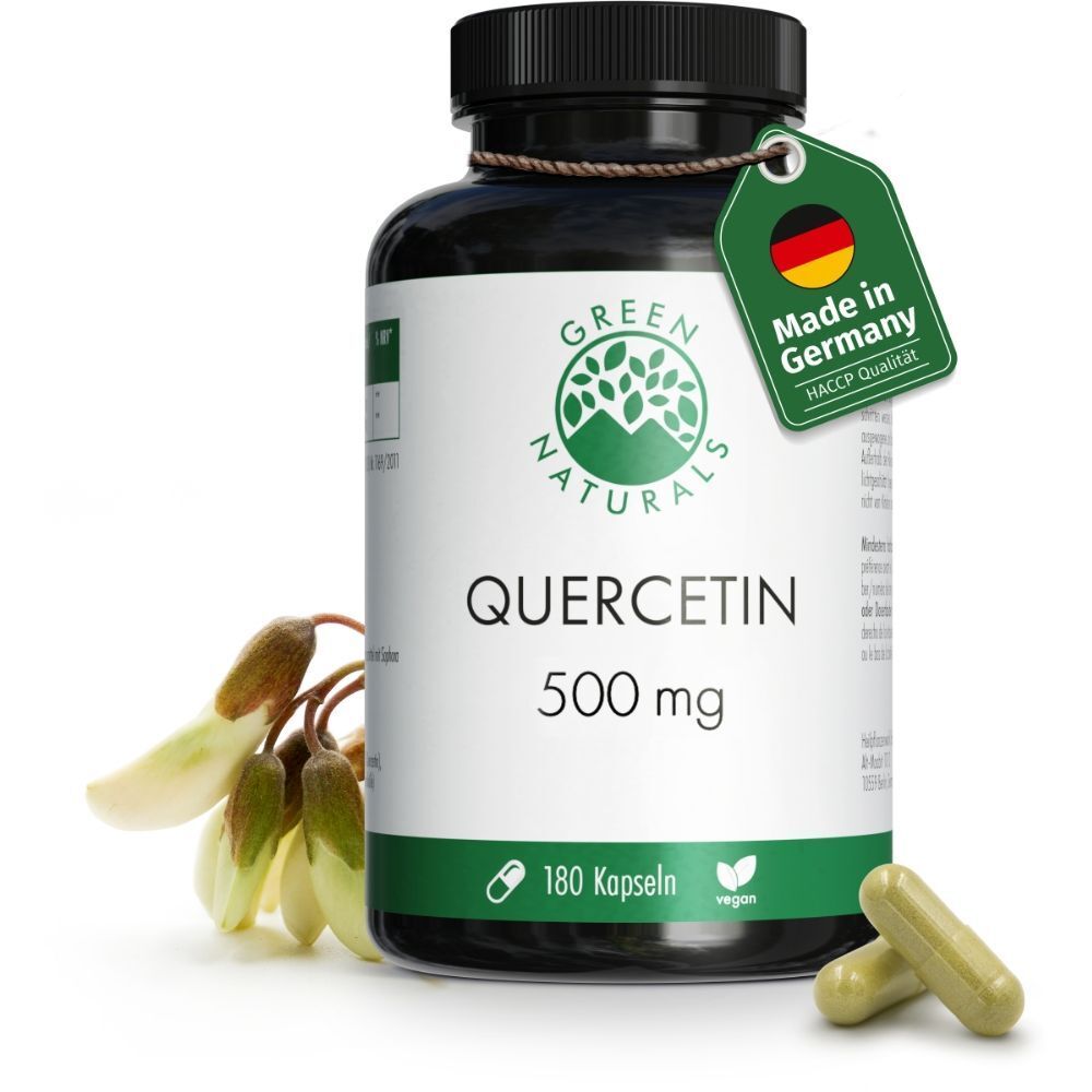 Flacone nero con etichetta. Quercetina 500 mg, 180 capsule, vegano. Etichetta: Made in Germany. Capsule.