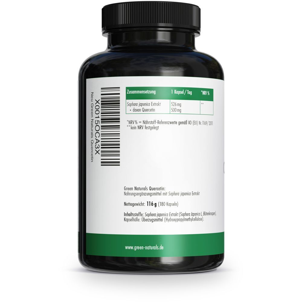 Retro del flacone. Testo: Ingredienti, informazioni nutrizionali. Etichetta verde.