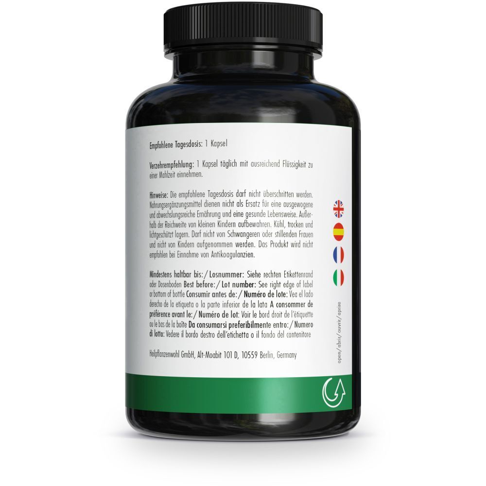 Retro del flacone. Testo: Dose giornaliera raccomandata. Note. Testi multilingue.