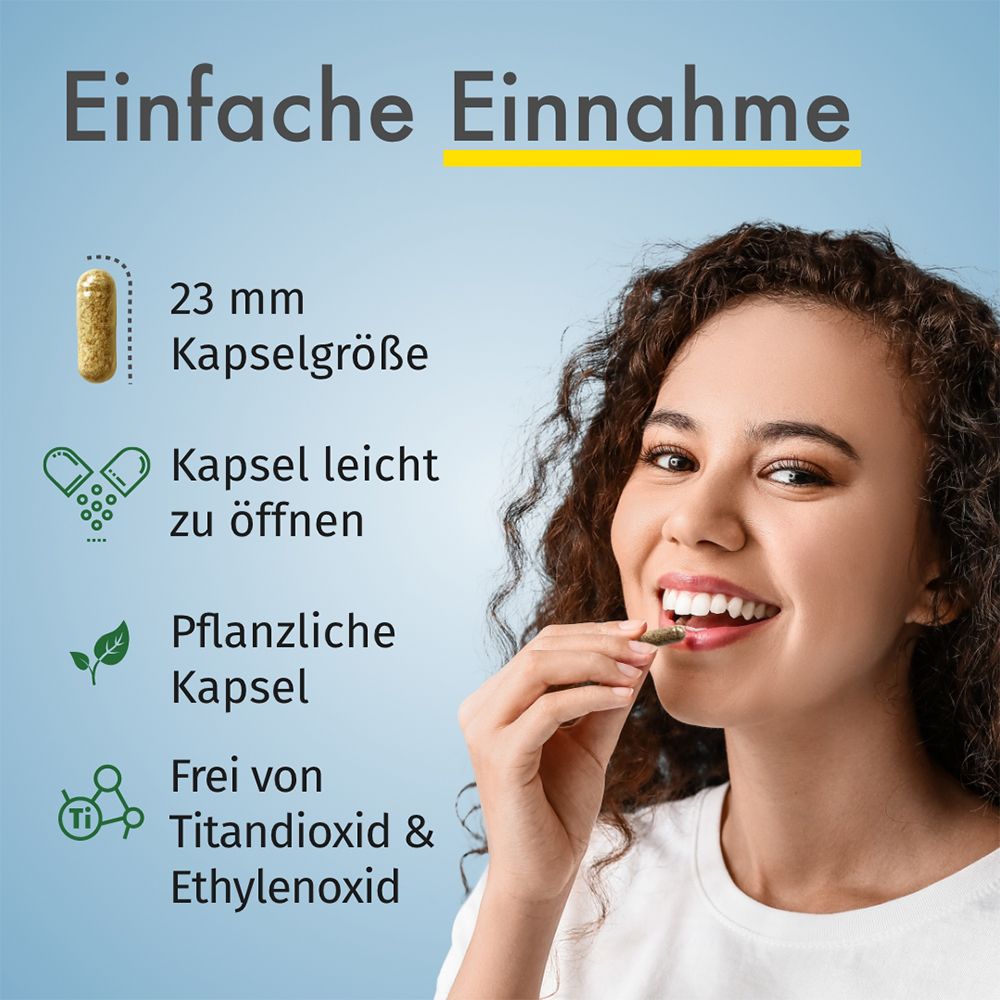 Donna che tiene in mano una capsula. Testo: "Facile assunzione". Dimensione capsula 23 mm. Capsula facile da aprire. Capsula vegetale. Senza biossido di titanio e ossido di etilene.