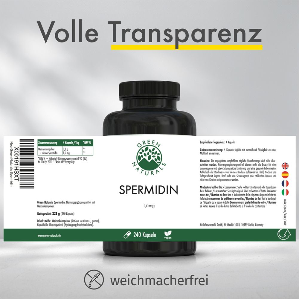 Flacone del prodotto con etichetta. Testo: "GREEN NATURALS SPERMIDIN 1,6 mg". Etichetta con ingredienti e informazioni. Senza plastificanti.