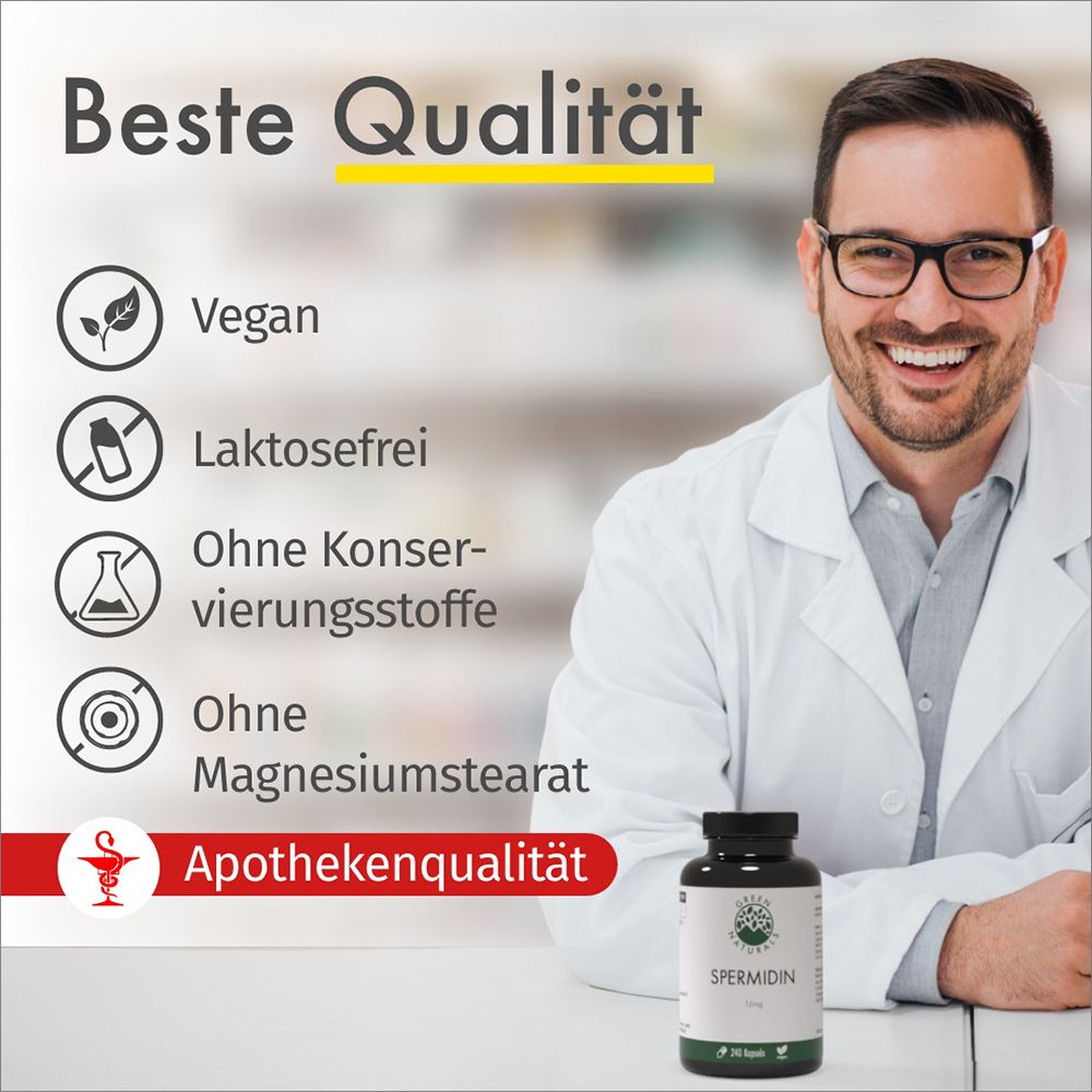 Uomo in camice bianco. Testo: "Migliore qualità". Vegano, senza lattosio, senza conservanti, senza stearato di magnesio. Qualità farmaceutica.