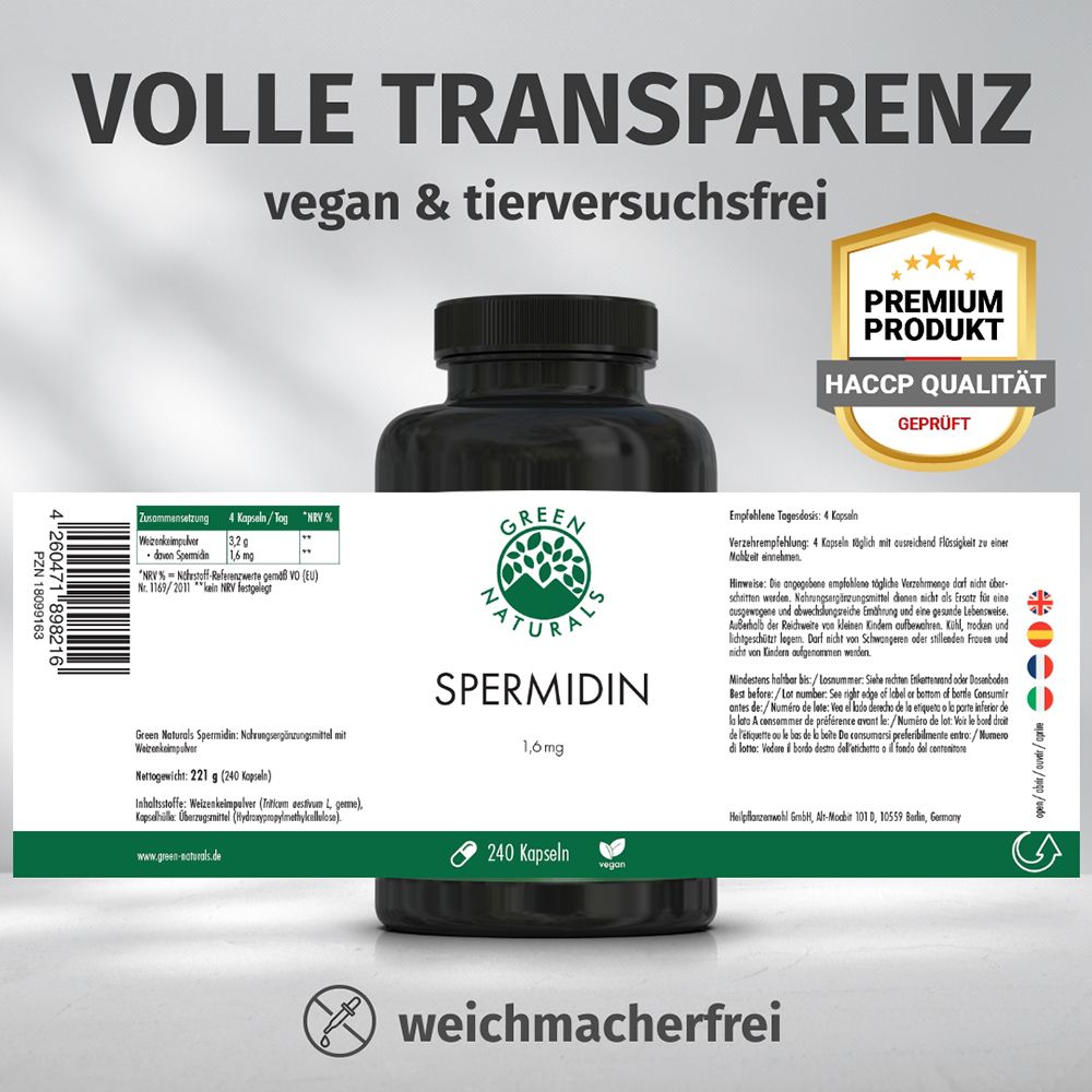 Barattolo di spermidina con etichetta. Sinistra: codice a barre. Destra: sigilli Prodotto Premium, Qualità HACCP verificata. Testo: Piena trasparenza, vegano e cruelty-free.
