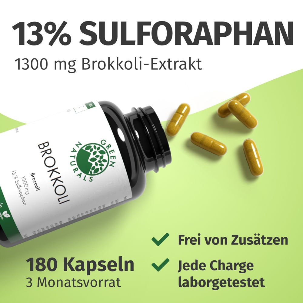 Capsule e flacone. Testo: 13% SULFORAFANO, 1300 mg estratto di broccoli, 180 capsule, 3 mesi di fornitura. Senza additivi, testato in laboratorio.
