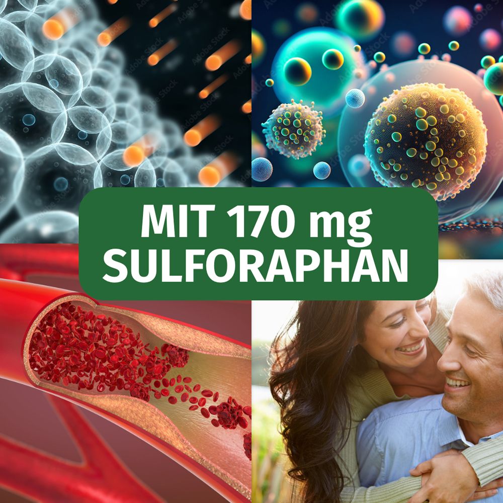 Collage di immagini. Testo: CON 170 mg SULFORAFANO. Immagini di cellule, vasi e una coppia.