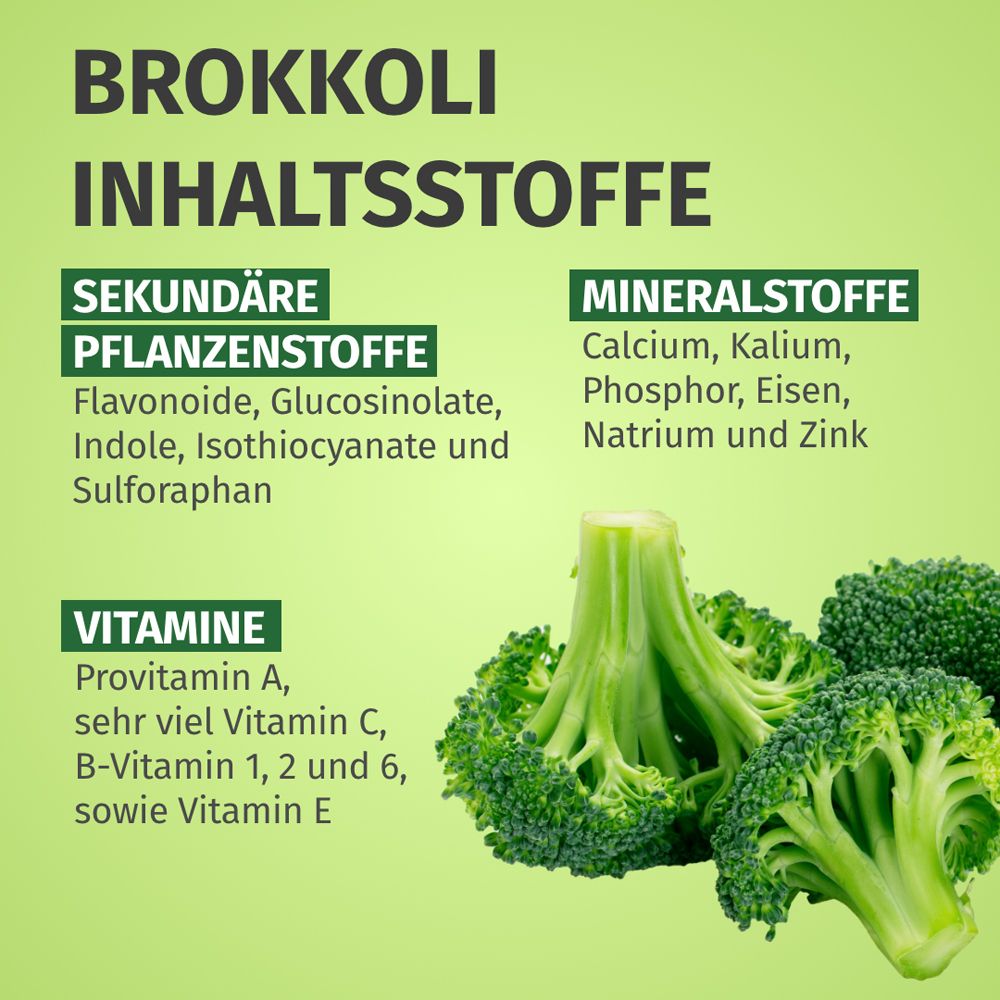 Testo: INGREDIENTI DEL BROCCOLI. Sostanze vegetali secondarie, minerali, vitamine. Cime di broccoli.