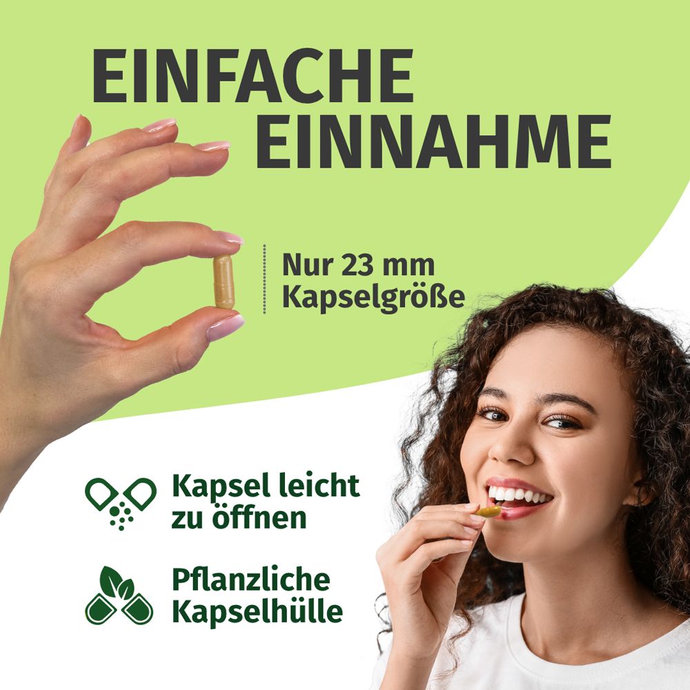 Donna che prende una capsula. Testo: FACILE ASSUNZIONE. Capsula facile da aprire, involucro vegetale. Dimensione capsula: 23 mm.