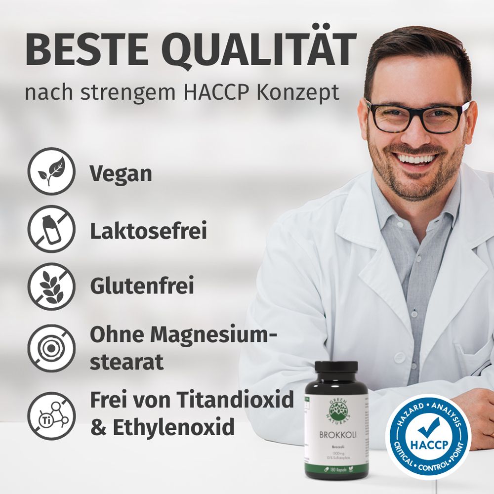 Uomo con prodotto. Testo: MIGLIORE QUALITÀ secondo HACCP. Vegano, senza lattosio, senza glutine, senza stearato di magnesio, senza biossido di titanio.