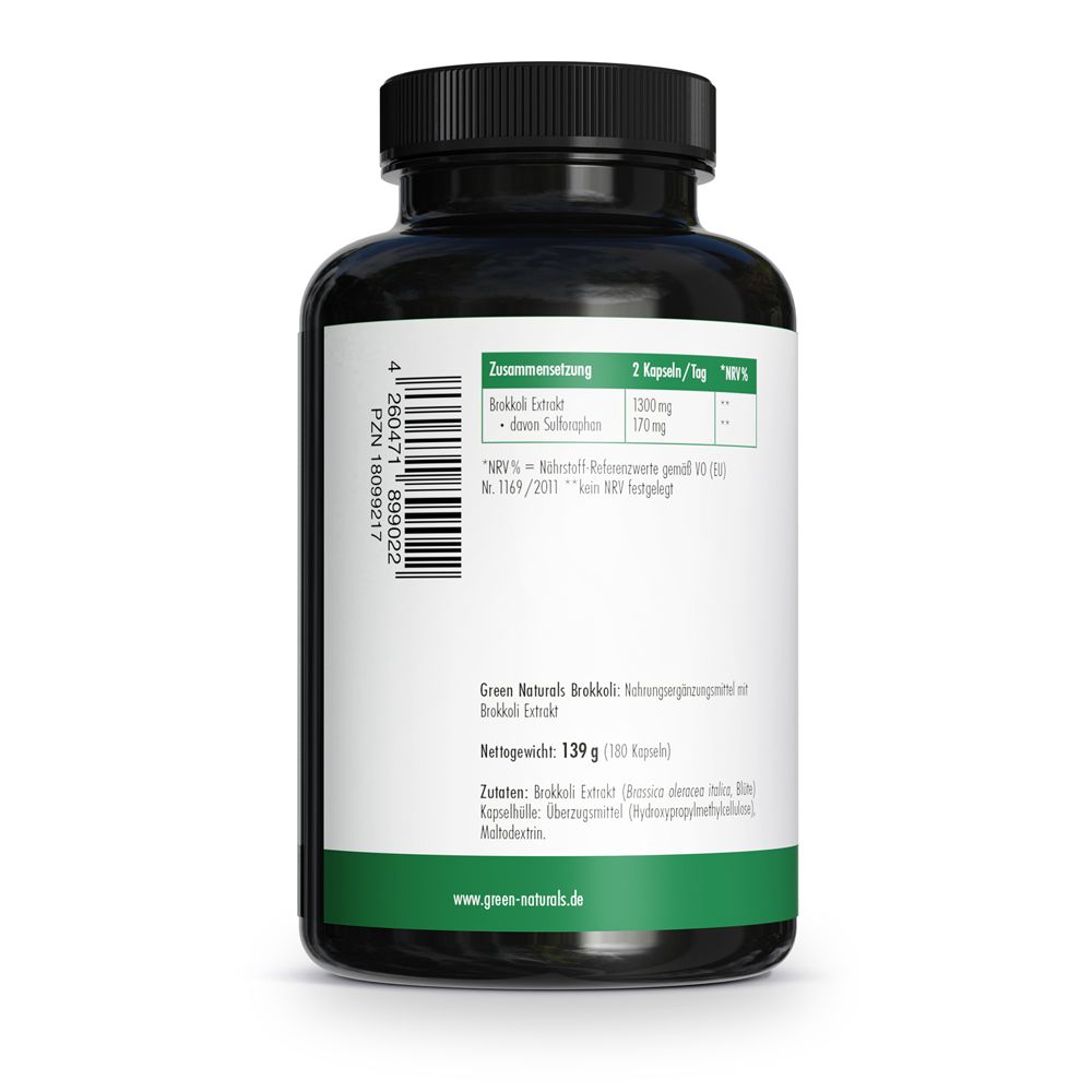 Retro del flacone. Testo: Estratto di BROCCOLI, 1000 mg, 170 mg sulforafano. 180 capsule. Vegano.