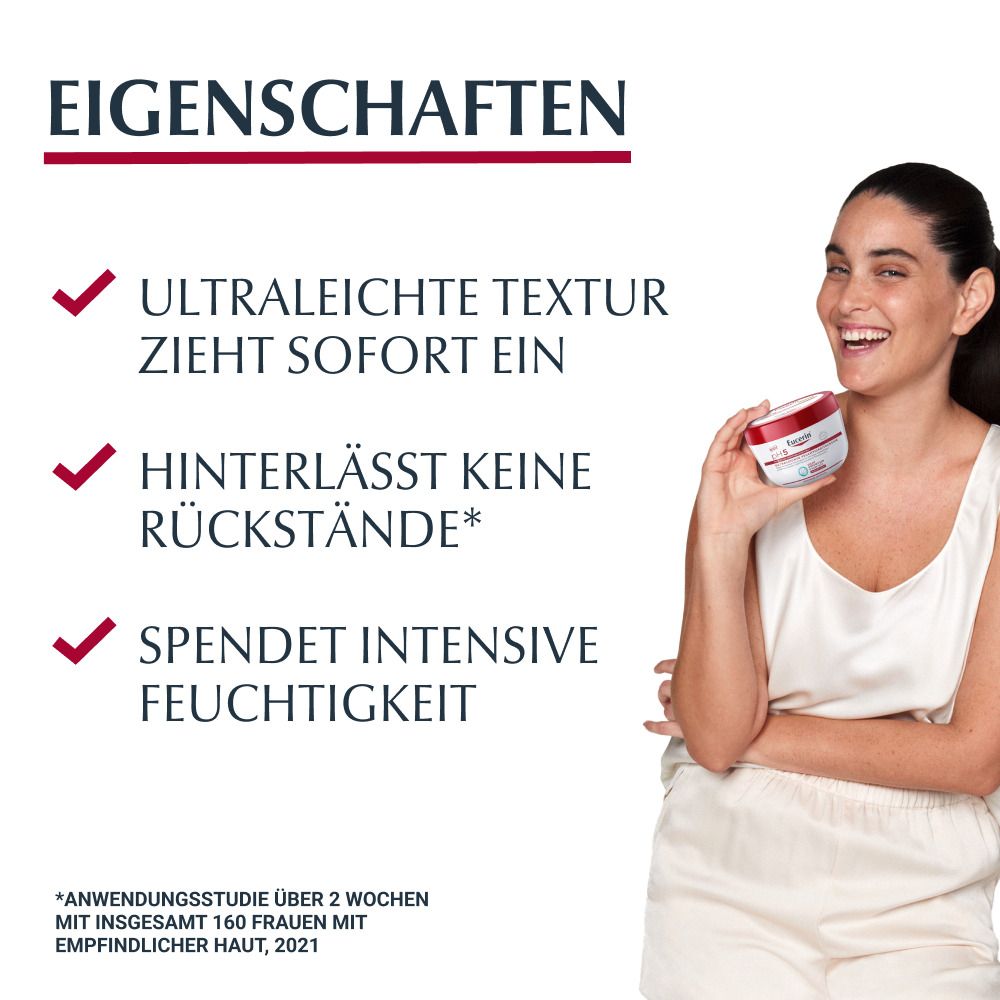 Donna che tiene Eucerin pH5 Crema idratante ultraleggera. Caratteristiche: texture ultraleggera, assorbimento immediato, nessun residuo, idratazione intensa.