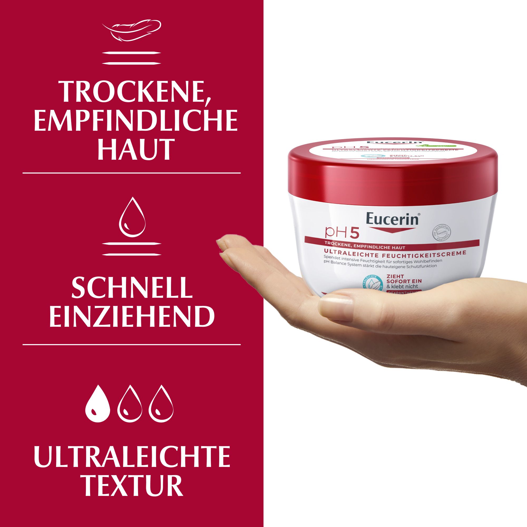 Mano che presenta Eucerin pH5 Crema idratante ultraleggera. Per pelli secche e sensibili, rapido assorbimento, texture ultraleggera.