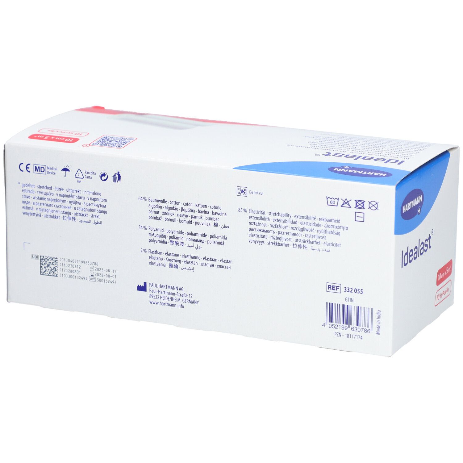Retro della confezione di bende Idealast® universali. Informazioni su materiale, produttore e certificazioni.