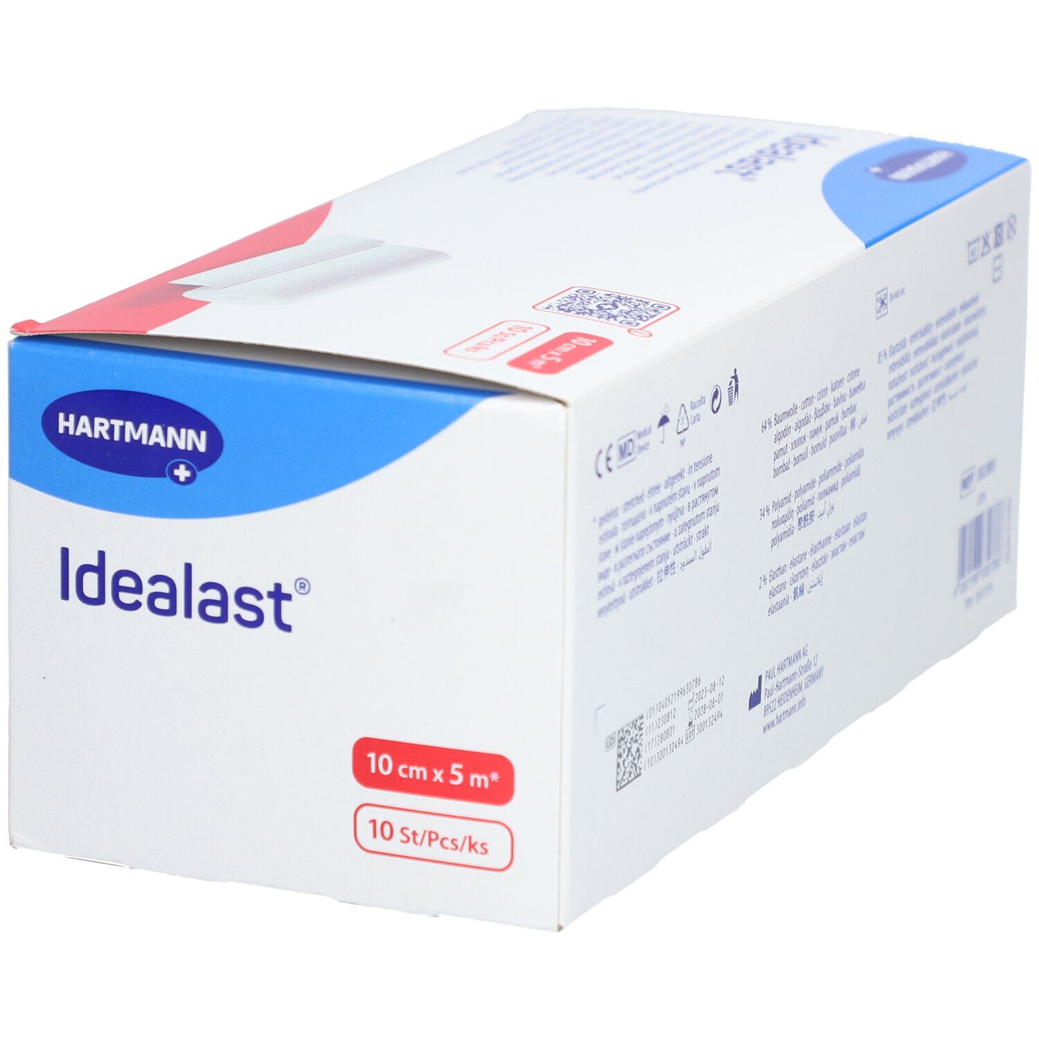Confezione di bende Idealast® universali. 10 cm x 5 m. 10 pezzi. Bianco. Logo Hartmann. Nome prodotto.