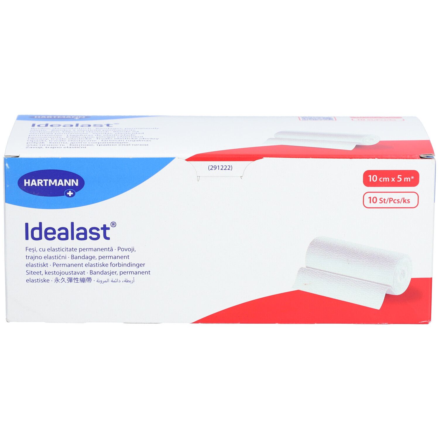 Confezione di bende Idealast® universali. 10 cm x 5 m. 10 pezzi. Bianco. Logo Hartmann. Nome prodotto.