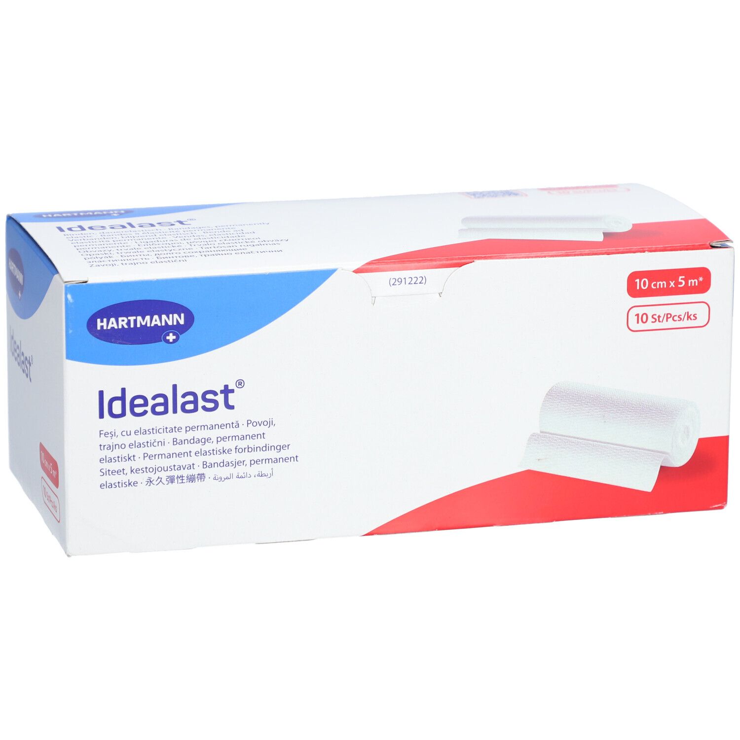 Confezione di bende Idealast® universali. 10 cm x 5 m. 10 pezzi. Bianco. Logo Hartmann. Nome prodotto.