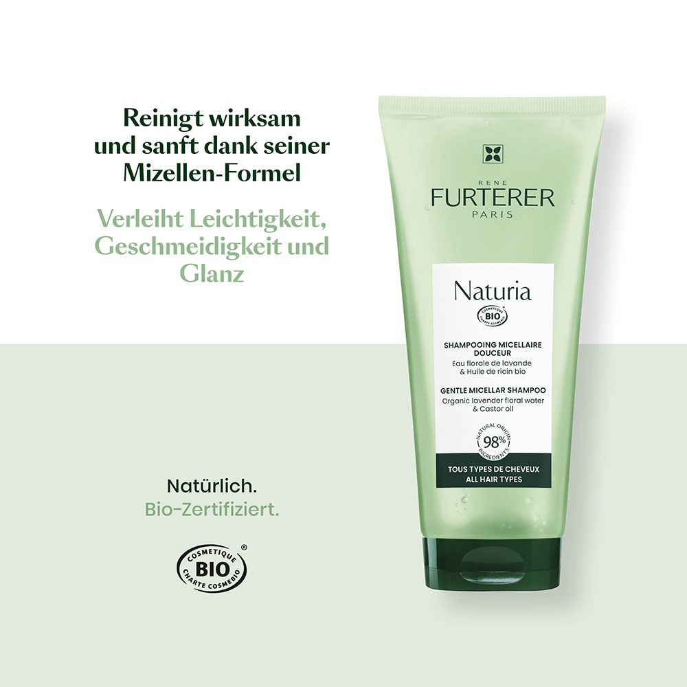 Tubo di shampoo micellare delicato René Furterer Naturia, certificato biologico.