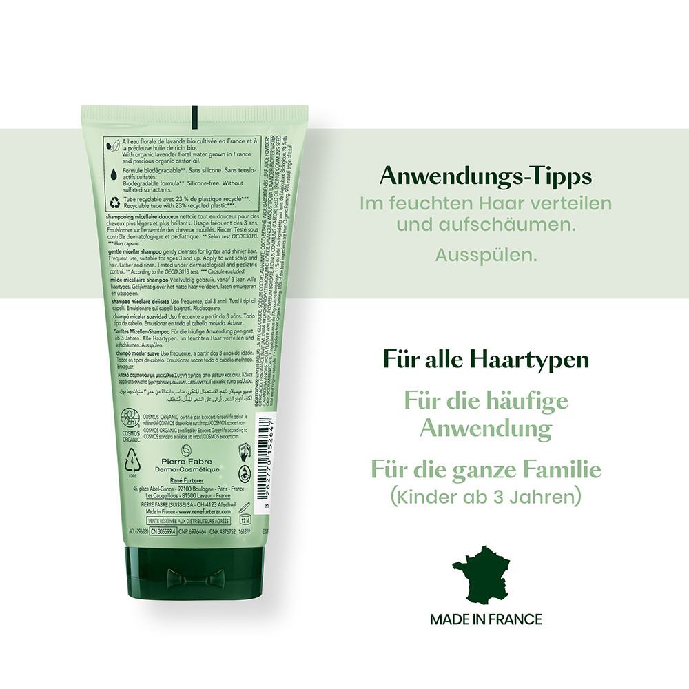 Tubo verde di shampoo, testo in tedesco e francese, logo Made in France.