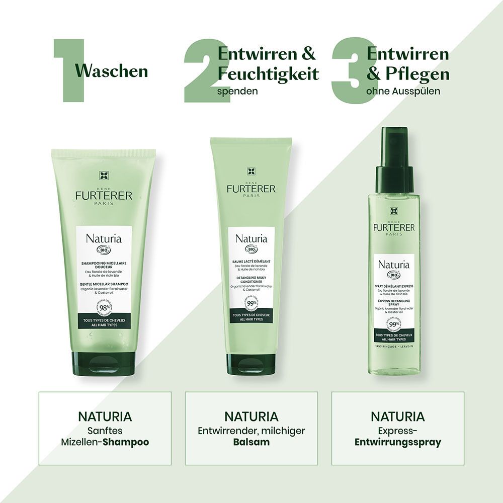 Tre prodotti per capelli René Furterer Naturia: shampoo, balsamo e spray districante.