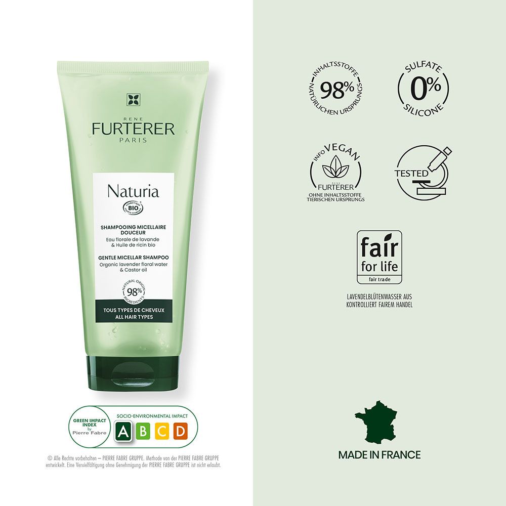 Tubo di shampoo delicato micellare René Furterer Naturia con indicazioni su ingredienti naturali, vegan e senza solfati.