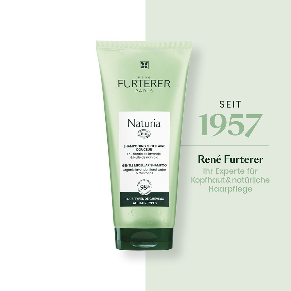 Tubo verde René Furterer Naturia shampoo micellare delicato, certificato bio. Per tutti i tipi di capelli.
